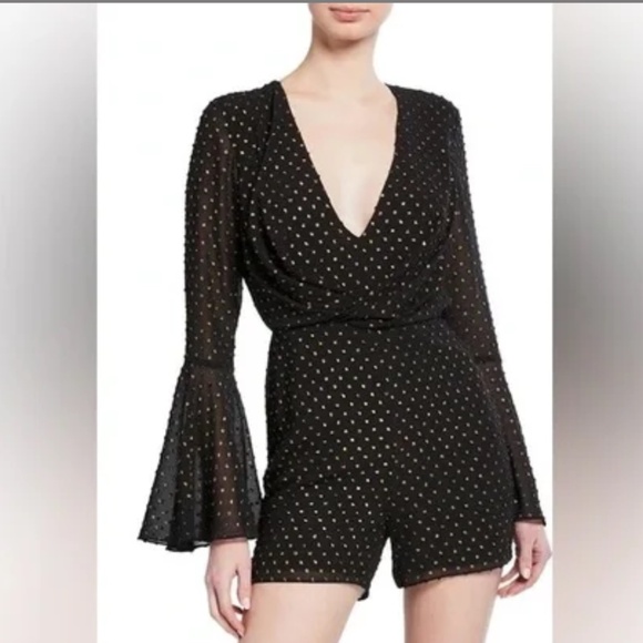 Jay Godfrey Colette Bell Sleeve Romper NWT Black and Gold Size 6 - Picture 3 of 6